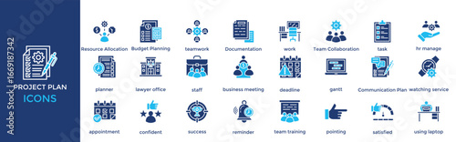 project plan icon set. Containing project management, Resource Allocation, Budget Planning, teamwork, Documentation, work, task
