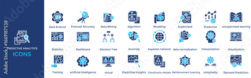 Predictive Analytics icon set. Containing  Data Mining, Algorithm, Modeling, Supervised, Predictive