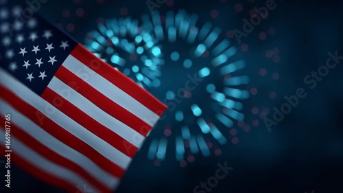 A patriotic Video featuring a red and white American flag with blue and white fireworks in the background.