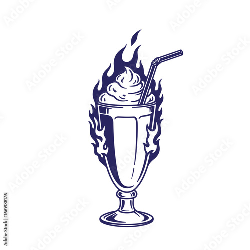 Flaming milkshake illustration featuring whipped cream and straw in a classic diner style