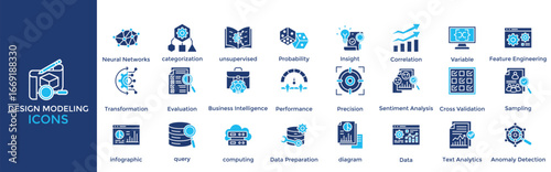 design Modeling icon set. Containing  categorization, unsupervised, Probability, Insight, Correlation