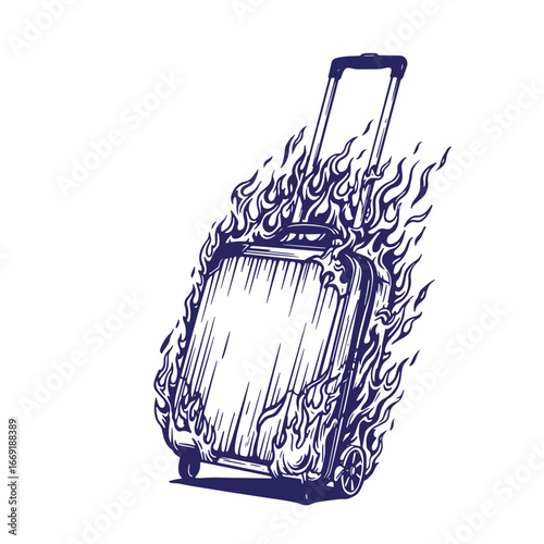 Flaming suitcase illustration representing travel problems or unexpected difficulties vector design