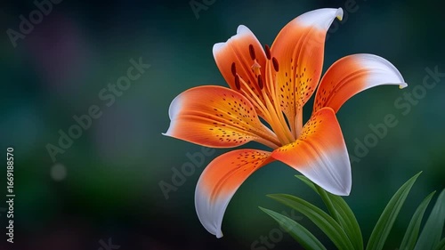 A single orange and white flower with a green stem. The flower is the main focus of the image