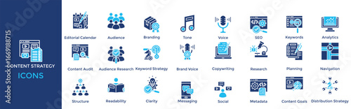 Content Strategy icon set. Containing Content Plan, Editorial Calendar, Audience, Branding, Tone, Voice, SEO, Keywords