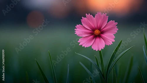 A pink flower is in the foreground of a green field