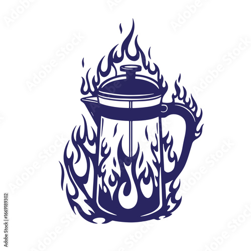 Illustration of a coffee french press surrounded and embossed with fiery flames design