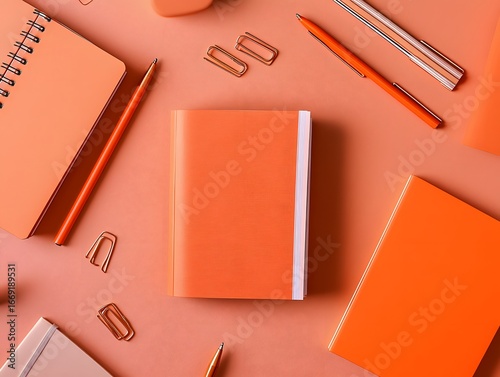 Wallpaper Mural Flatlay Orange Notebooks Pens and Paperclips Aesthetic Office Supplies Torontodigital.ca