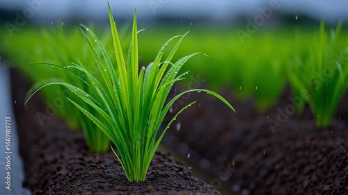 A row of green plants with water running through them. The plants are growing in a field