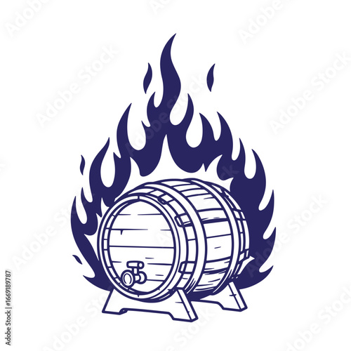 Illustrative design of a wooden barrel surrounded by blue flames on a white background