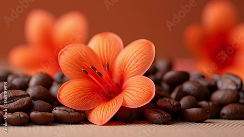 A pile of coffee beans is on a table next to a flower.