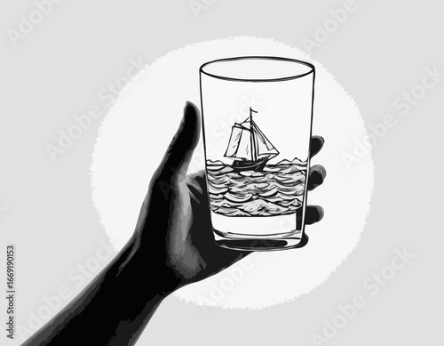 Hand holding a glass. Illustration