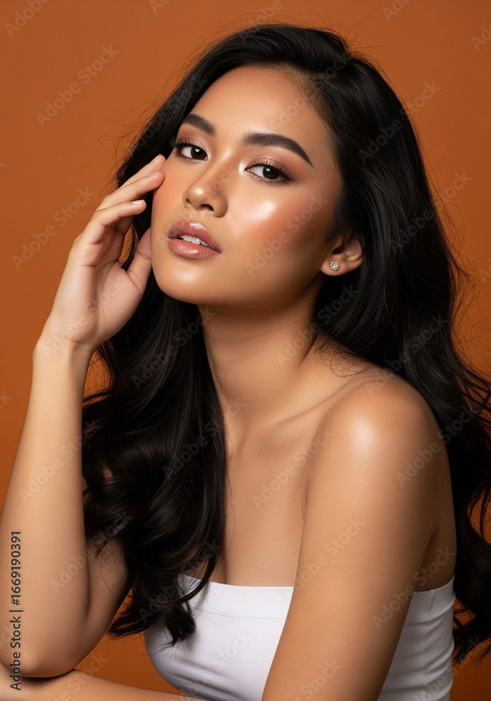Fototapeta premium A portrait of a beautiful woman with a natural radiant glow. Her skin appears flawless with subtle makeup, a clean beauty look, highlighting her delicate features. She poses with an elegant touch