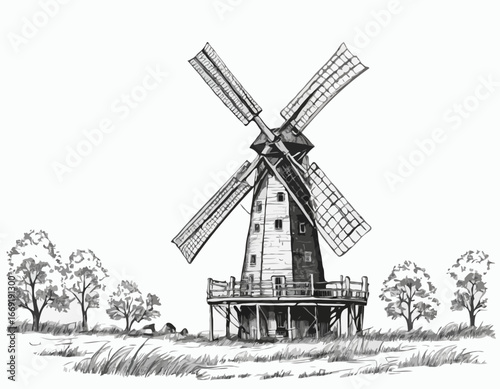 Windmill. Hand drawn vintage sketch