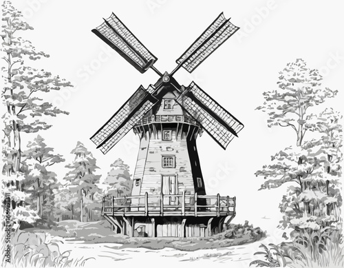 Windmill. Hand drawn vintage sketch