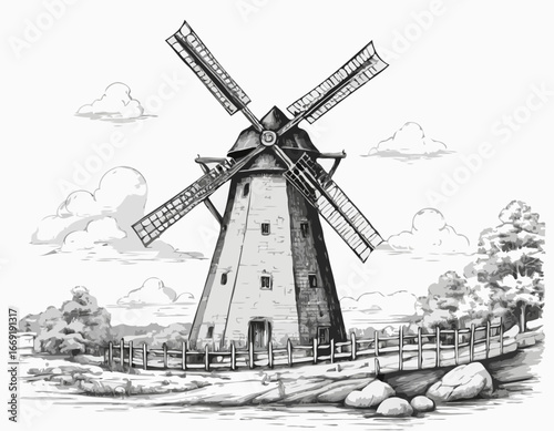 Windmill. Hand drawn vintage sketch