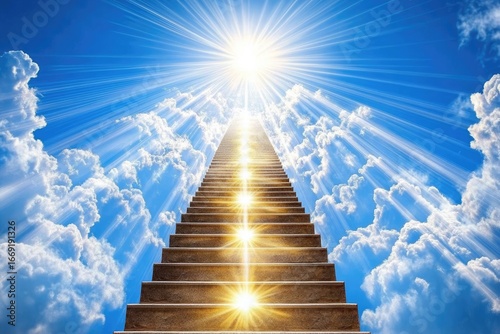 Celestial Stairway to Heaven: Golden Steps Ascending Through Radiant Clouds and Sunbeams