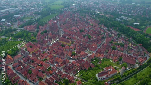 An aerial panorama view Around the old town of the City Dinkelsbühl In Germany on a cloudy spring day