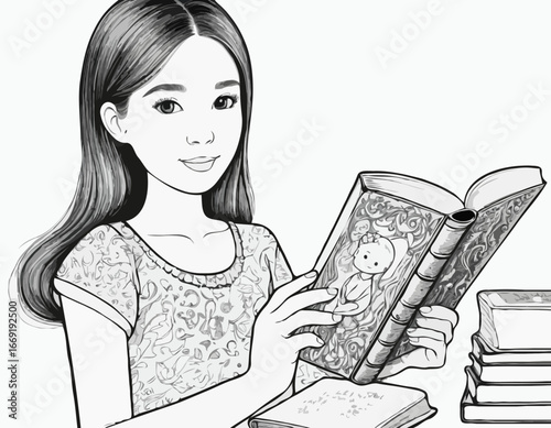 Sketch of cute girl and a book