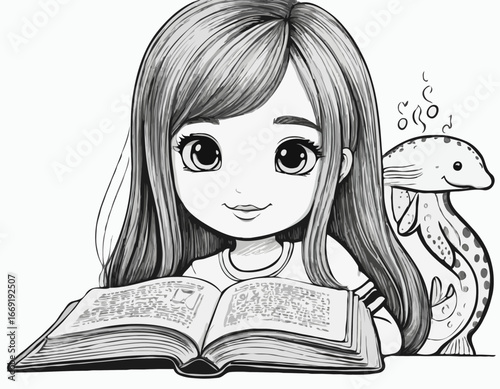 Sketch of cute girl and a book