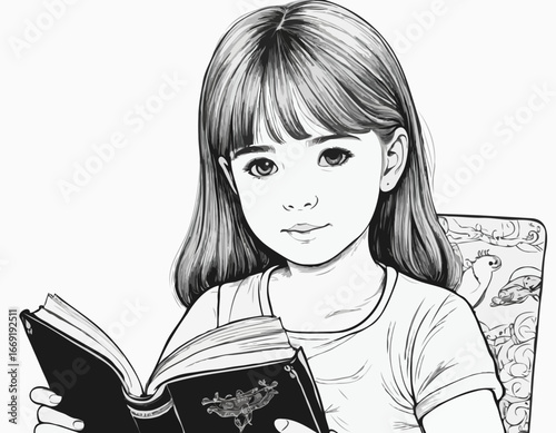 Sketch of cute girl and a book