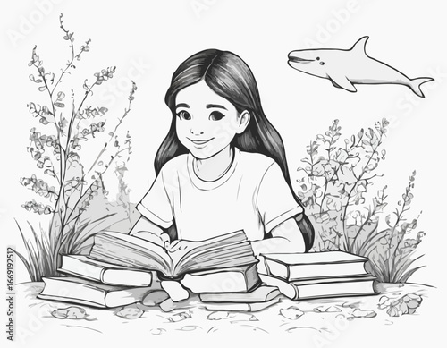 Sketch of cute girl and a book