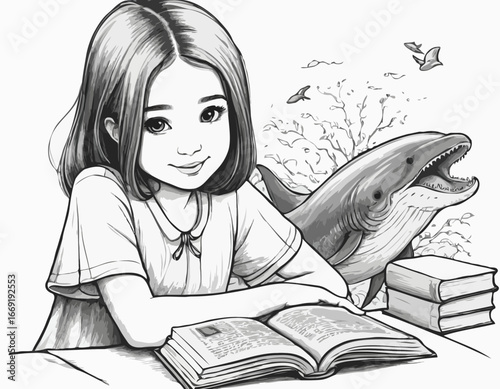 Sketch of cute girl and a book