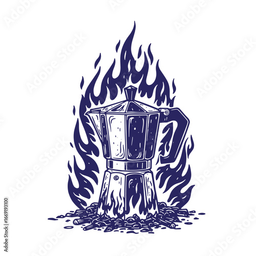 Vintage illustration of coffee maker on fire brewing rich and aromatic coffee