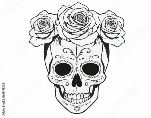illustration of Skull Woman with roses