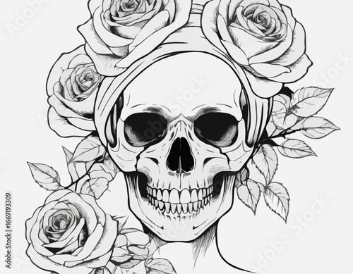 illustration of Skull Woman with roses