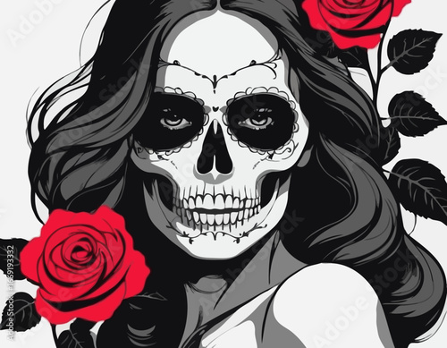 illustration of Skull Woman with roses