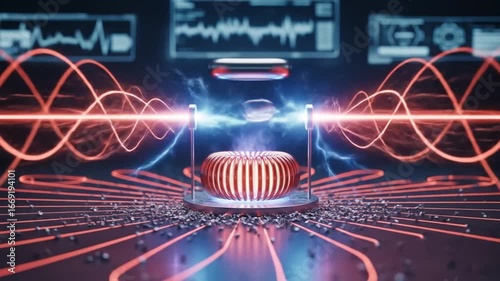 Futuristic experiment with levitating object and energy beams