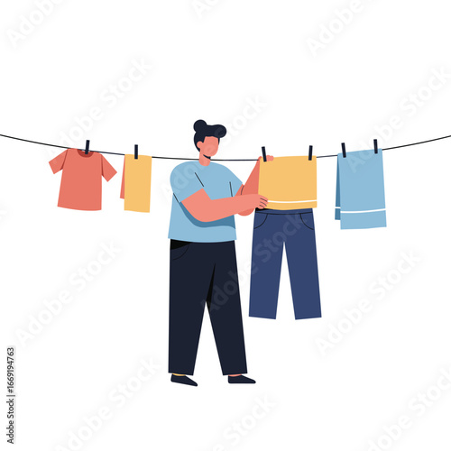 Person hanging laundry on clothesline in backyard on sunny day, showcasing domestic chores and clean living, creating a sense of home and simplicity.