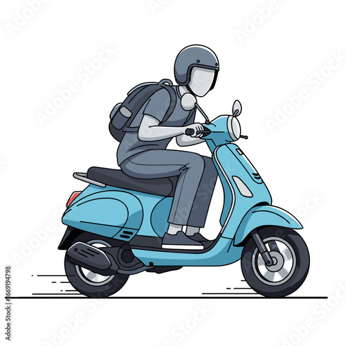 Man riding blue scooter through city streets with backpack and helmet on a sunny day, conveying a sense of urban mobility and freedom.