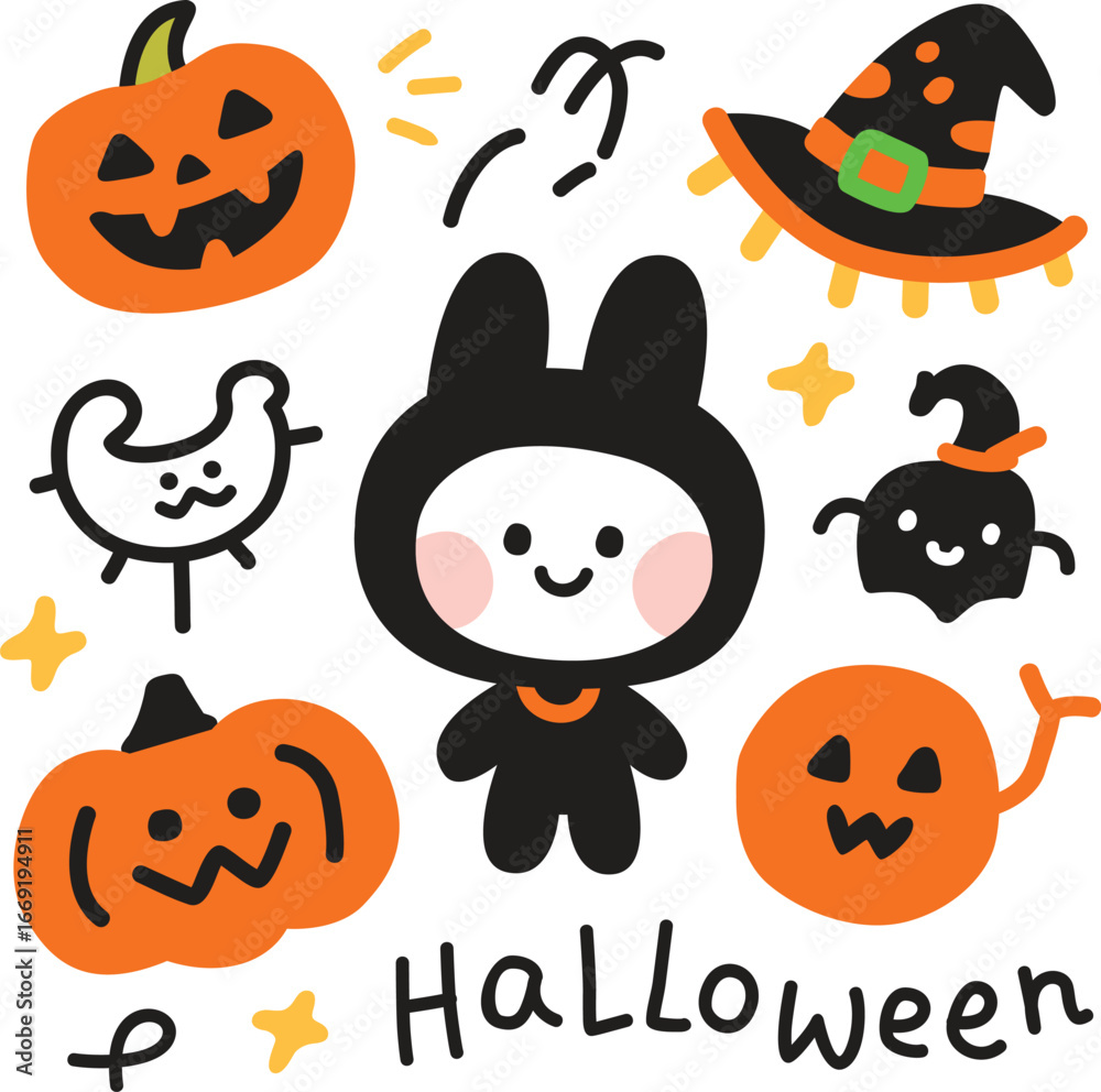 Naklejka premium Cute Halloween Doodle Vector, Cartoon Pumpkin and Bunny Character Illustration.eps