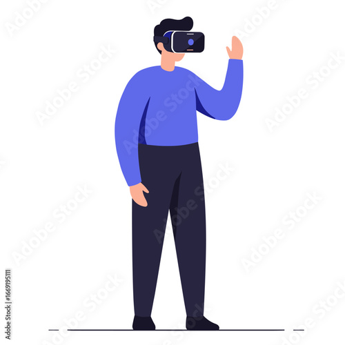 Man wearing virtual reality headset explores digital world with hand raised in simulated environment, experiencing immersive technology and futuristic interaction.