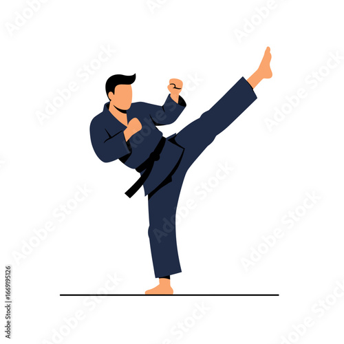 Man in blue karate uniform performing a high kick during training session with focus and determination.