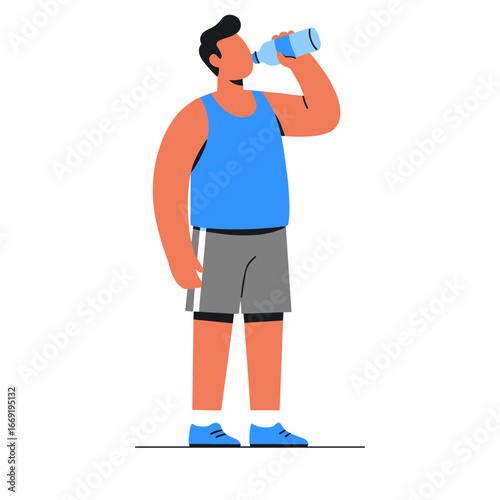 Man drinking water from plastic bottle after workout to hydrate himself in gym, demonstrating healthy lifestyle and hydration, refreshing and energetic.