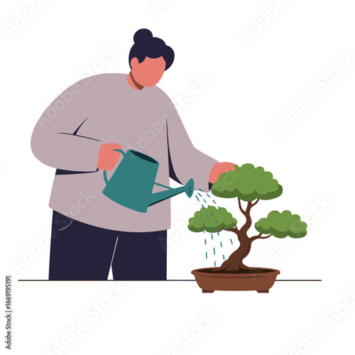 Woman watering bonsai tree in a small ceramic pot on a white table, enjoying the peaceful hobby of gardening at home.