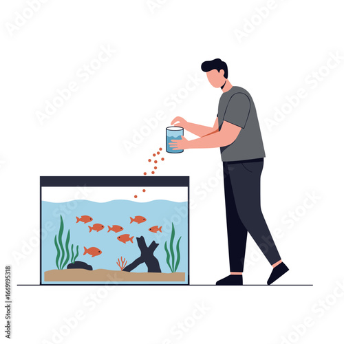 Man feeding fish in aquarium at home with care and attention, creating a peaceful and relaxing hobby experience.