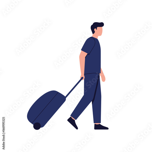 Man walking with luggage in airport terminal, ready for vacation, feeling excited and anticipating a relaxing trip ahead.