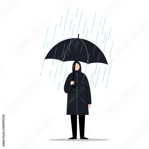 Person standing under umbrella in rain wearing dark coat and pants on white backdrop feeling protected and calm during the storm, emphasizing resilience and solitude.