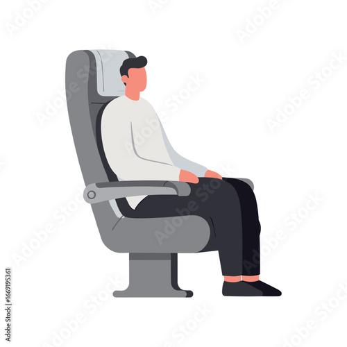 Man sitting comfortably in airplane seat during flight, relaxing and enjoying the journey with calm and peaceful mood.