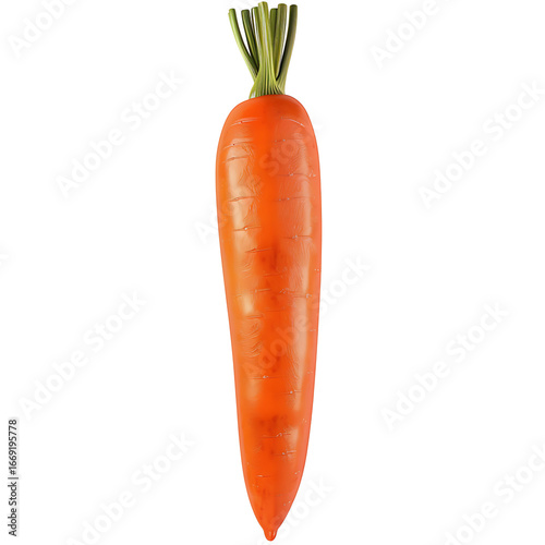 A single orange carrot with green leafy top, isolated on a white background.