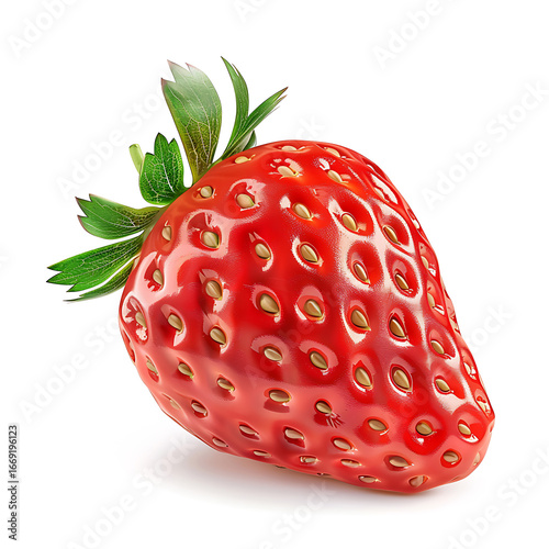 Fresh Red Strawberry with Green Leaves Isolated on White Background