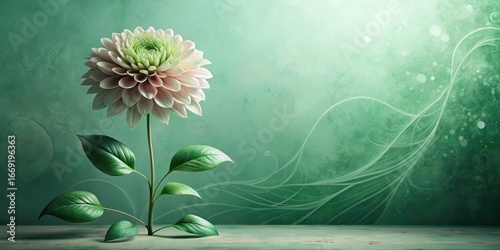 A Single Pale Pink and Green Dahlia Flower on a Wooden Surface Against a Teal Background with Abstract Swirls