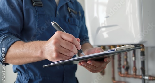 Technician filling out a service report, close-up of hands writing on a clipboard near home appliance.