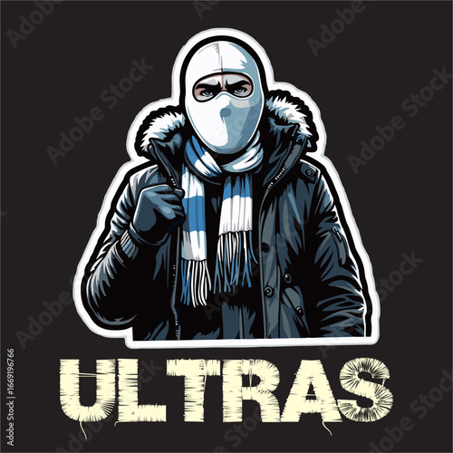 illustration vector graphic of Football fans ultras hooligan with blue white scarf design for logo, t-shirt, etc
