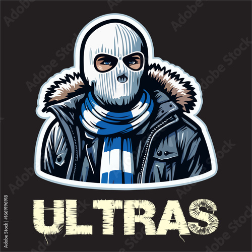 illustration vector graphic of Football fans ultras hooligan with blue white scarf design for logo, t-shirt, etc
