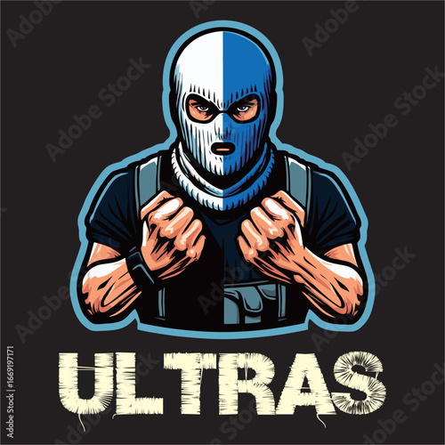 illustration vector graphic of Football fans ultras hooligan with blue white scarf design for logo, t-shirt, etc
