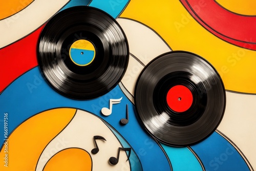 Retro Vinyl Records and Musical Notes on a Colorful Abstract Background